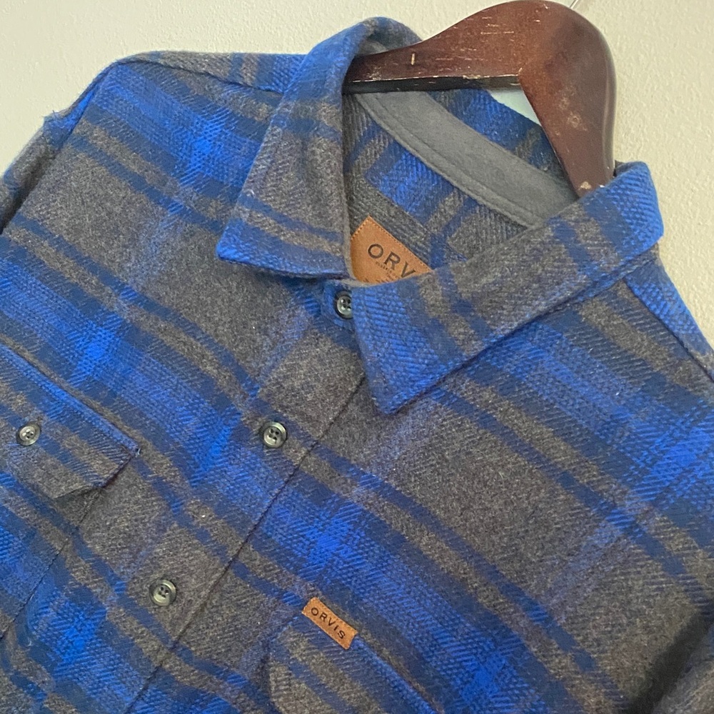 Orvis Blue/Gray Plaid Big Bear Heavy Flannel Shirt w/Side Pockets XXL  #1312517